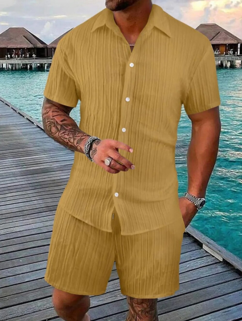Men's Gold Short Sleeve Shirt and Shorts Set